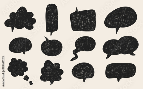 Set of black hand drawn scribble speech bubbles. Sketchy crayon texture. Thought clouds and dialogue balloons, chat frames, doodle shapes in rough style for notes and stickers.