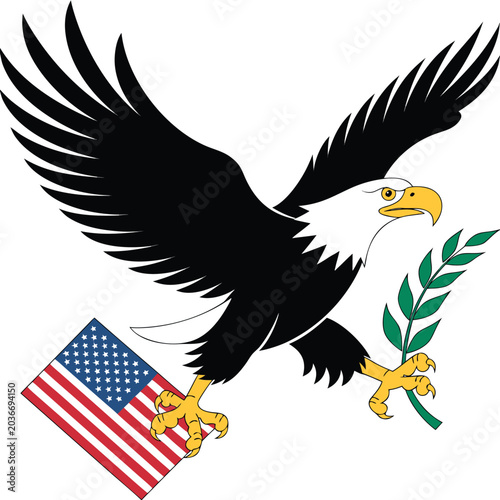 Adobe Illustrator Artwork Bald eagle holding American flag with laurel branch
