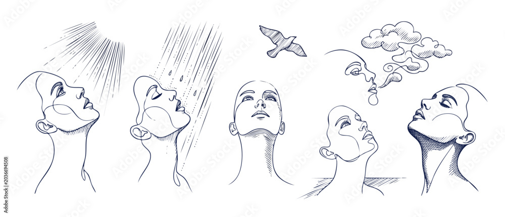 Fototapeta premium Minimalist female face line art set looking up at nature elements, featuring hand drawn sketches of women with sun rays, rain drops, flying bird, and clouds for modern beauty, wellness, and art design