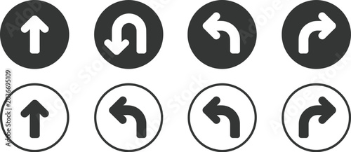 Foto Traffic, direction arrow icon set, go straight U-turn left and right black and white circular road sign symbols for navigation and driving instructions