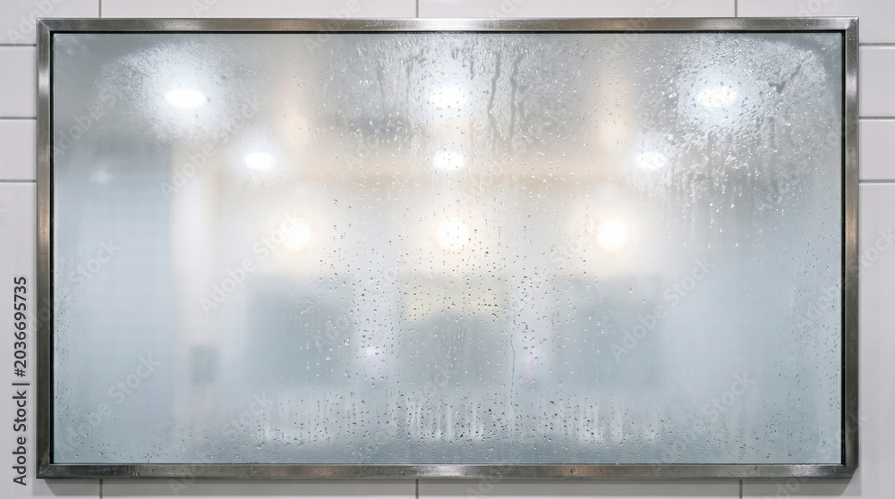 Fototapeta premium Foggy bathroom mirror covered in condensation drops inside a metal frame