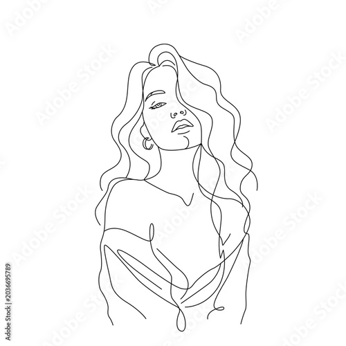 Minimalistic modern silhouette of a beautiful young woman's face with long hair. Poster for advertising organic cosmetics or a beauty salon, eyelash extensions, or beauty injections. Flat vector