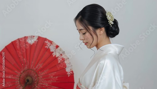 白無垢の花嫁がスタジオで赤い和傘と佇む和婚ポートレート