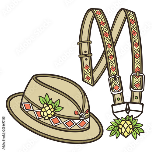 Tableau sur toile Bavarian traditional alpine hat and decorative lederhosen suspenders