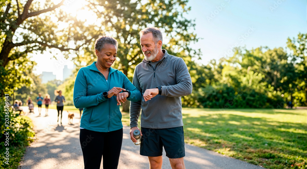 Obraz premium Diverse senior couple checking smartwatches while exercising in a sunny park. Active aging and healthy lifestyle concept