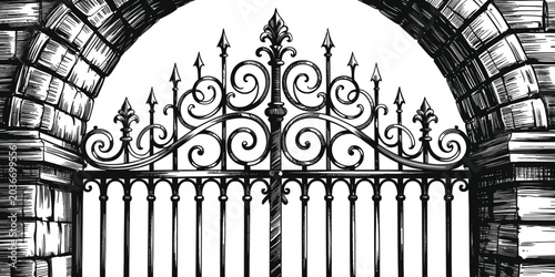 Foto Ornate iron gate, wrought iron fence, decorative metal gate, black and white ill