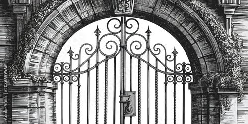 Fotografie Ornate iron gate, vintage wrought iron gate, antique gate design, metalwork arch
