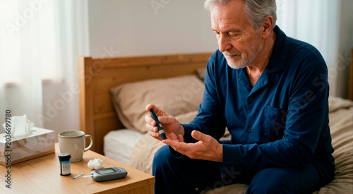 Senior man checking his blood glucose level with a lancing device at home. Elderly male diabetic patient monitoring blood sugar in the morning. Metabolic health and diabetes management concept