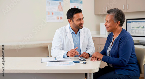 Male doctor discussing blood sugar management with senior female diabetic patient in clinic. Medical consultation with glucose meter on desk