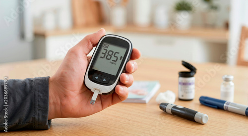 Hand holding a glucose meter showing a dangerously high blood sugar level. Hyperglycemia reading of 385 mg/dL. Diabetes risk and endocrine disorder concept