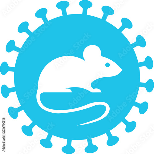 Konstfotografi Hantavirus transmission concept with grey rat profile and green virus cell on white circle background