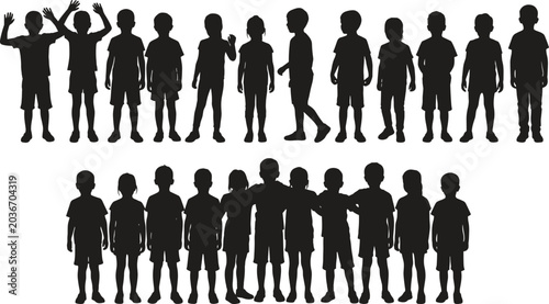 Foto Large group of standing dark gray children silhouettes in two rows including boy