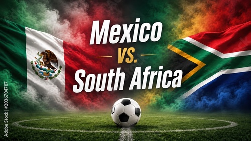 Soccer match between Mexico and South Africa with flags and a soccer ball on the field