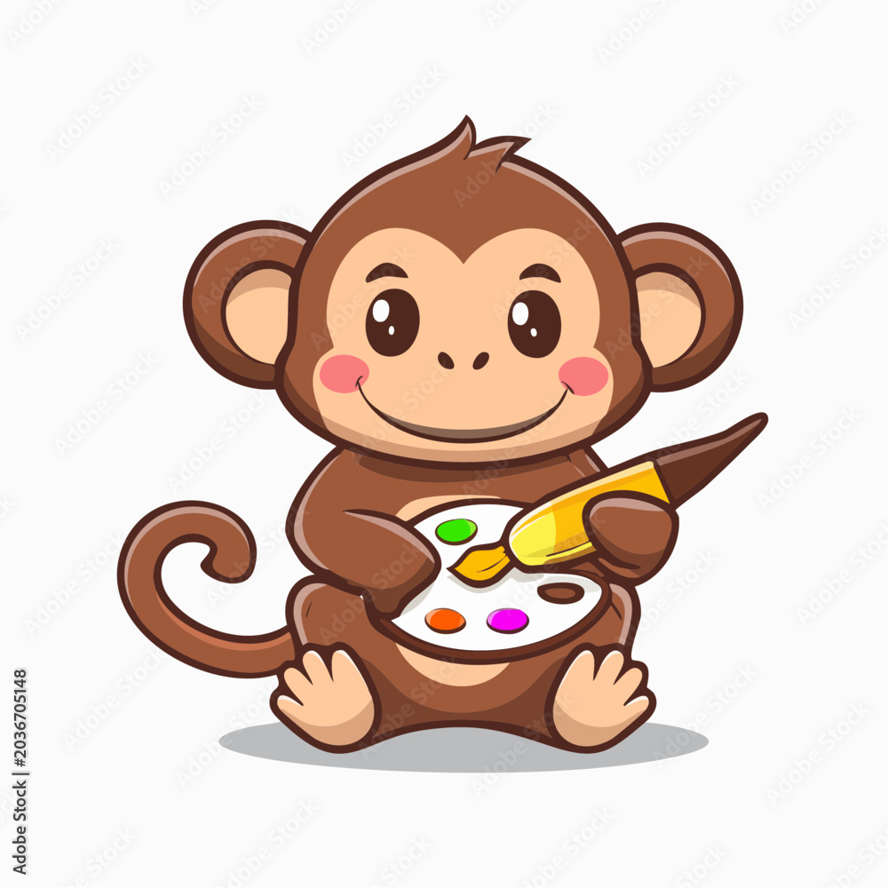 Fototapeta premium Cute Monkey Artist Holding Paintbrush and Palette