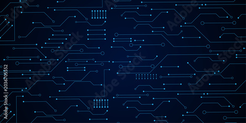 Abstract blue circuit board lines and dots on dark blue background digital technology pattern