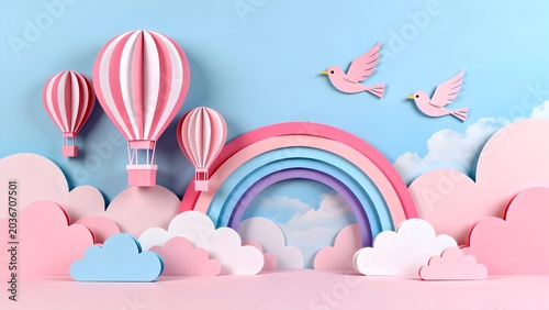 Paper art hot air balloons rainbow and birds