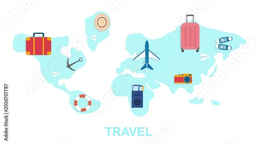 A world map shows various travel icons such as suitcases, an airplane, and a camera. These elements highlight the excitement of exploring different places and cultures.