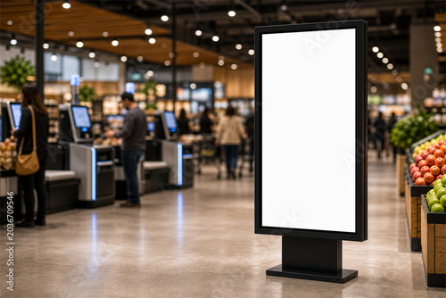 Blank Vertical Digital Billboard Mockup in Supermarket Retail Media