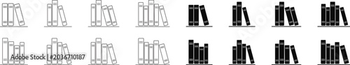 Book and library icons set, Collection of bookshelf silhouettes and book stack vector illustrations, Vector elements for reading and education signs isolated on transparent background.