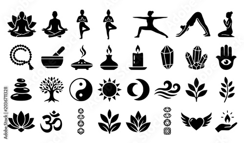 Foto Yoga, meditation, and spiritual esoteric silhouette icon set