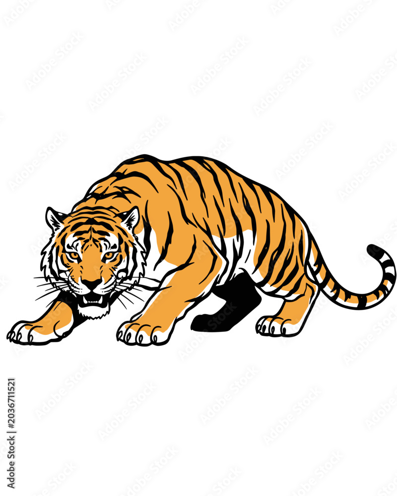 Obraz premium Crouching Tiger Illustration - Aggressive Prowling Big Cat Mascot