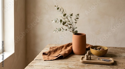 Eucalyptus branches in a terracotta vase, a linen cloth, and natural decorative items arranged on a rustic wooden table.