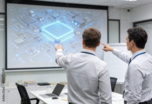 Two professional men in a boardroom examine a large digital display showing an integrated circuit.