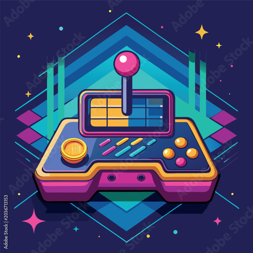 Colorful abstract game controller vector illustration, modern flat design, bold black outlines, playful shapes,