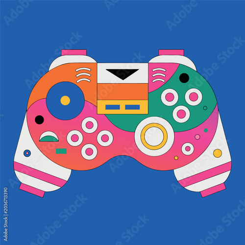 Colorful abstract game controller vector illustration, modern flat design, bold black outlines, playful shapes,