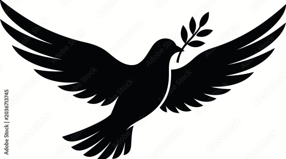 Obraz premium Dove of peace silhouette holding olive branch vector icon isolated on white background for religious concepts