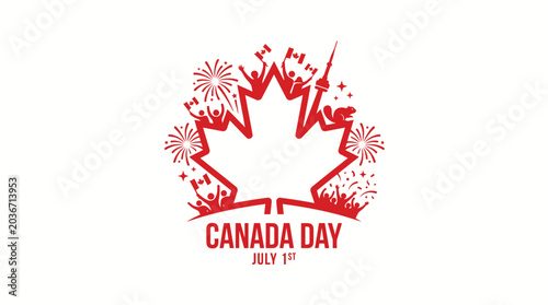 Creative canada day vector icon with silhouettes of people fireworks and landmarks inside a maple leaf shape