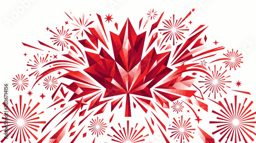 Canada day fireworks vector illustration with a geometric red maple leaf design for patriotic holiday celebrations