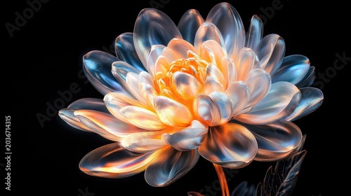 Glowing translucent chrysanthemum, close-up, abstract floral art, digital illustration