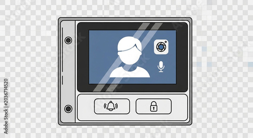 A modern intercom system with a video display screen and two functional buttons.