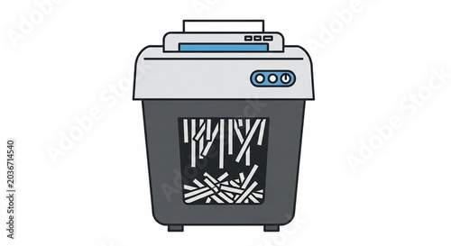 A vector illustration of a paper shredder with shredded paper inside a bin