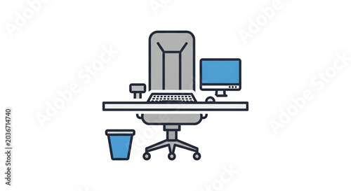 A modern minimalist office desk setup with chair, computer, keyboard, and trash bin depicted as a vector illustration.