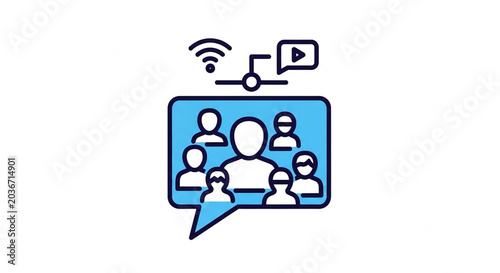 A minimalist icon showing group communication and connectivity through digital devices.