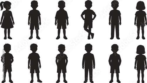 Bild auf Leinwand Silhouette of standing diverse children and school boys group isolated on white