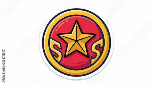 Shiny gold star sticker icon with red background and decorative border for achievement or reward design element