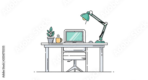 A minimalist workstation with a desk lamp, laptop, coffee cup, and plant in a flat vector design