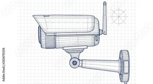 A detailed vector illustration of a wireless security camera mounted on a wall