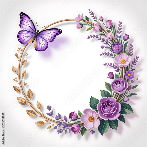 A purple butterfly perches on a floral wreath with flowers and leaves.