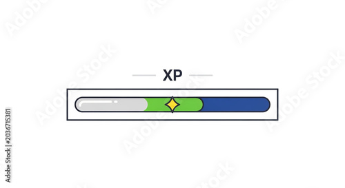 A minimalist progress bar icon with green and blue segments labeled XP