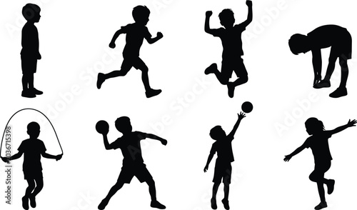 Schilderij op canvas Silhouette vectors of active children engaged in diverse sports and physical act
