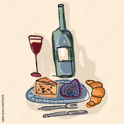 Hand drawn Mediterranean appetizer scene. Not AI