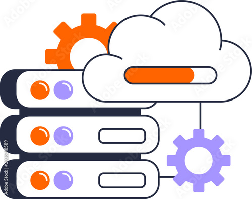 Server database and cloud storage with gears for system development vector illustration