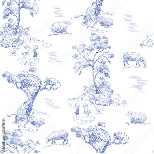 Foto Blue pastoral scene with a woman playing the violin and a man playing the flute, dancing dogs and a woman with embroidery, toile de Jouy background