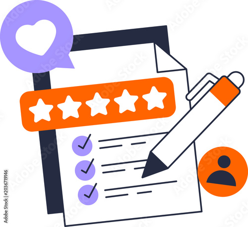 Checklist clipboard and five stars customer feedback user review survey for website vector illustration
