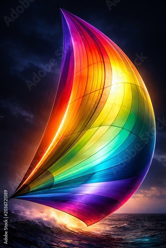 Vibrant Sailboat With Rainbow Spinnaker In Ocean Regatta, Nautical Yachting Adventure, Marine Seascapes, Chromatic Spectrum Sailing, Maritime Sport Concept, Colorful Sail On Stormy Dark Sea