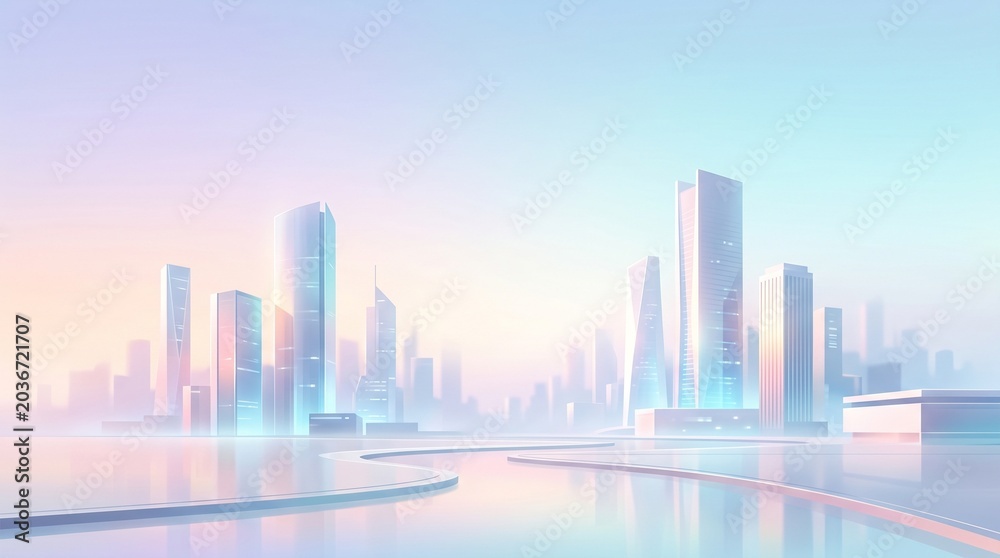 Fototapeta premium Futuristic cityscape at sunset with sleek skyscrapers and misty atmosphere